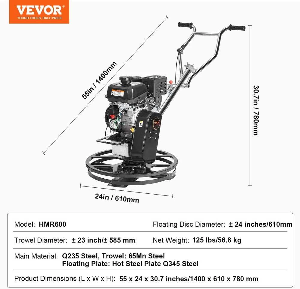 VEVOR Cemento glaistyklė 61 cm 4,5 kW su plūdine plokšte