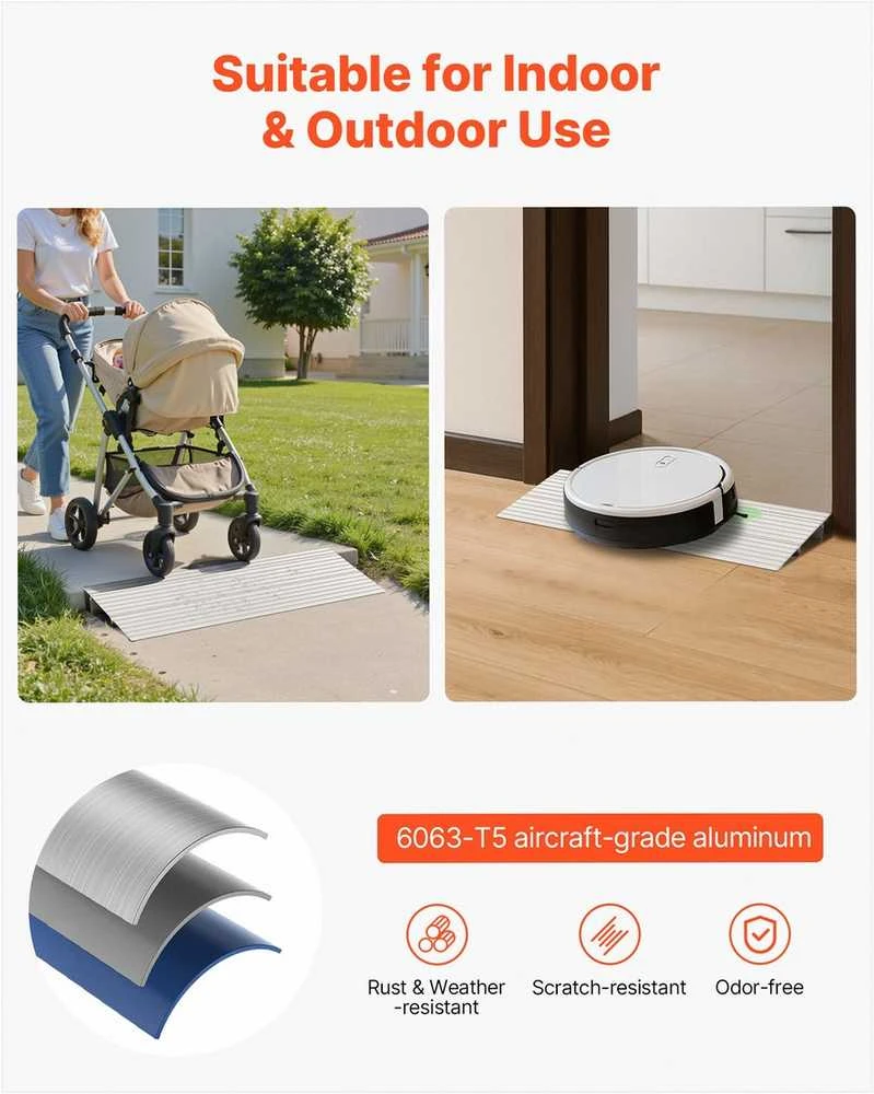 Durų slenksčio rampa neįgaliųjų vežimėliams ir motoroleriams, 59 mm pakilimas, 363 kg keliamoji galia, aliuminio lydinys, neslystantis dizainas, modulinė greito montavimo rampa, slenksčių nuolydis