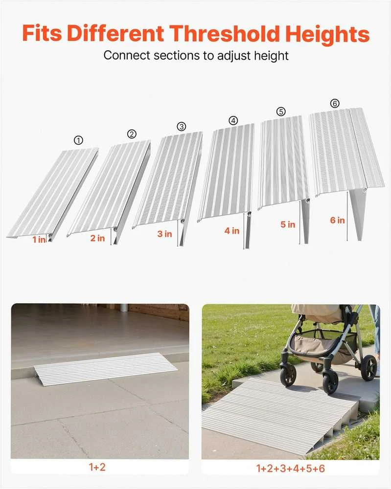Durų slenksčio rampa neįgaliųjų vežimėliui, 138 mm pakėlimas, 363 kg apkrova, modulinė aliuminio rampa, neslystantis paviršius, 6 vienetų rinkinys, užvažiavimo rampa slenksčiams