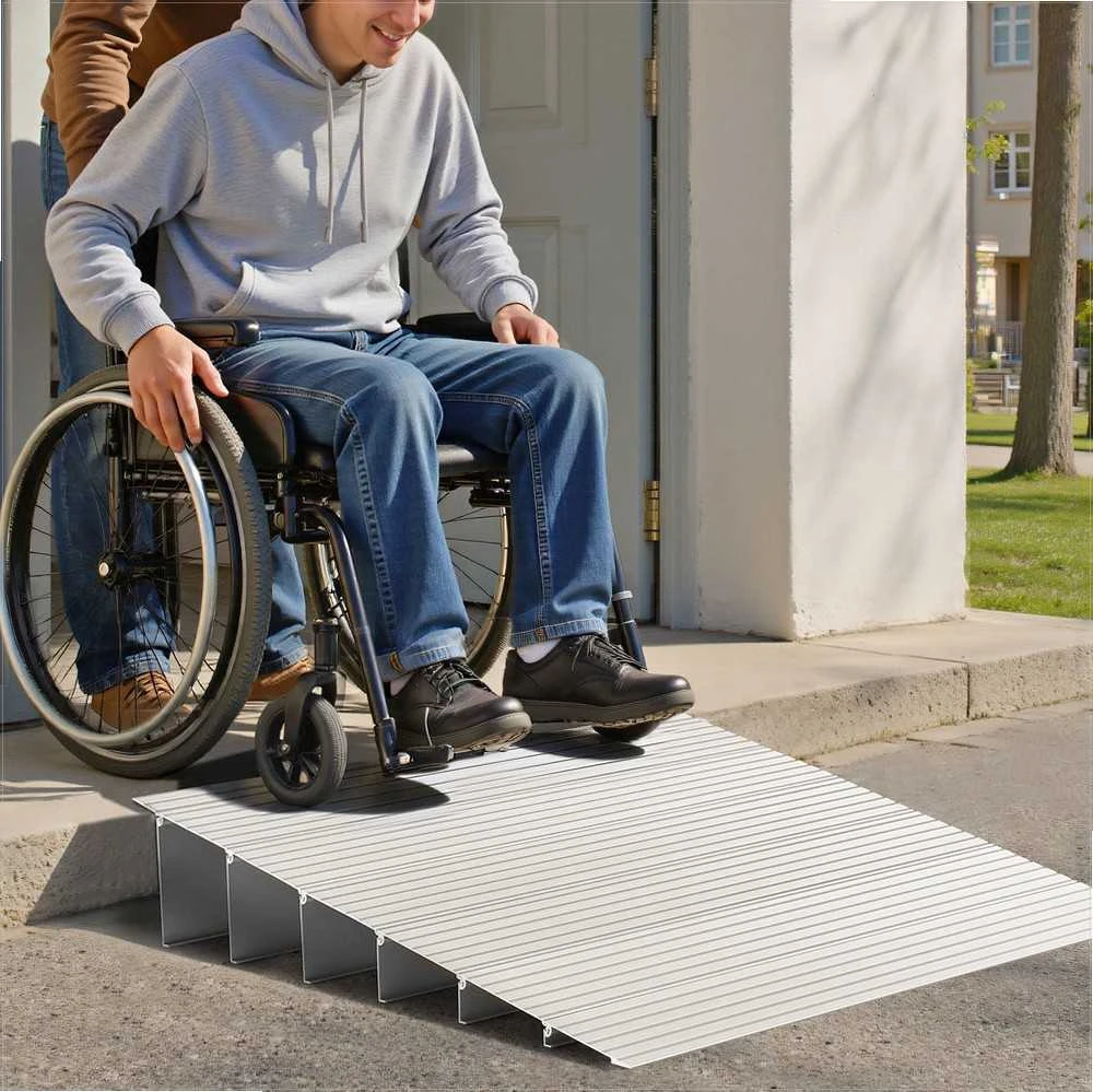 Durų slenksčio rampa neįgaliųjų vežimėliui, 138 mm pakėlimas, 363 kg apkrova, modulinė aliuminio rampa, neslystantis paviršius, 6 vienetų rinkinys, užvažiavimo rampa slenksčiams