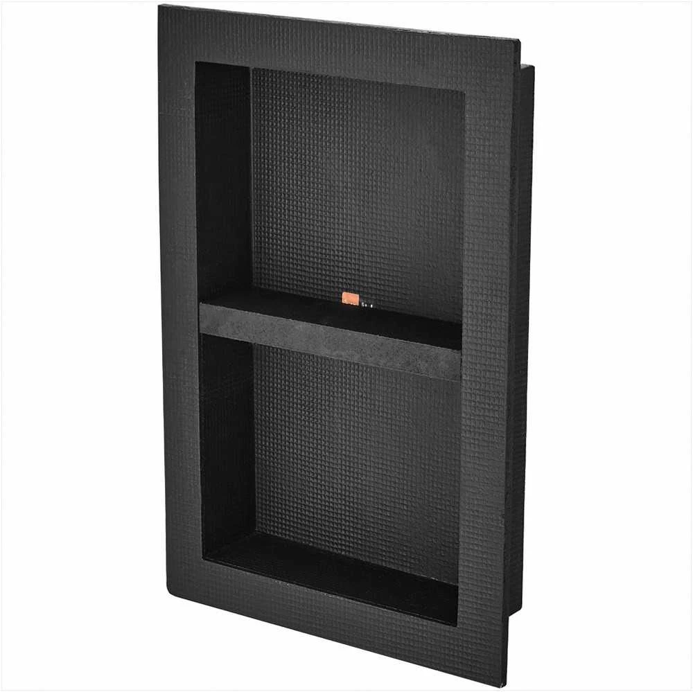 Dušo niša paruošta plytelėms, dviguba lentyna, kvadratiniai kampai įleidžiami į sieną, sandari moderni muilo lentynėlė voniai, juoda, sieninė lentyna