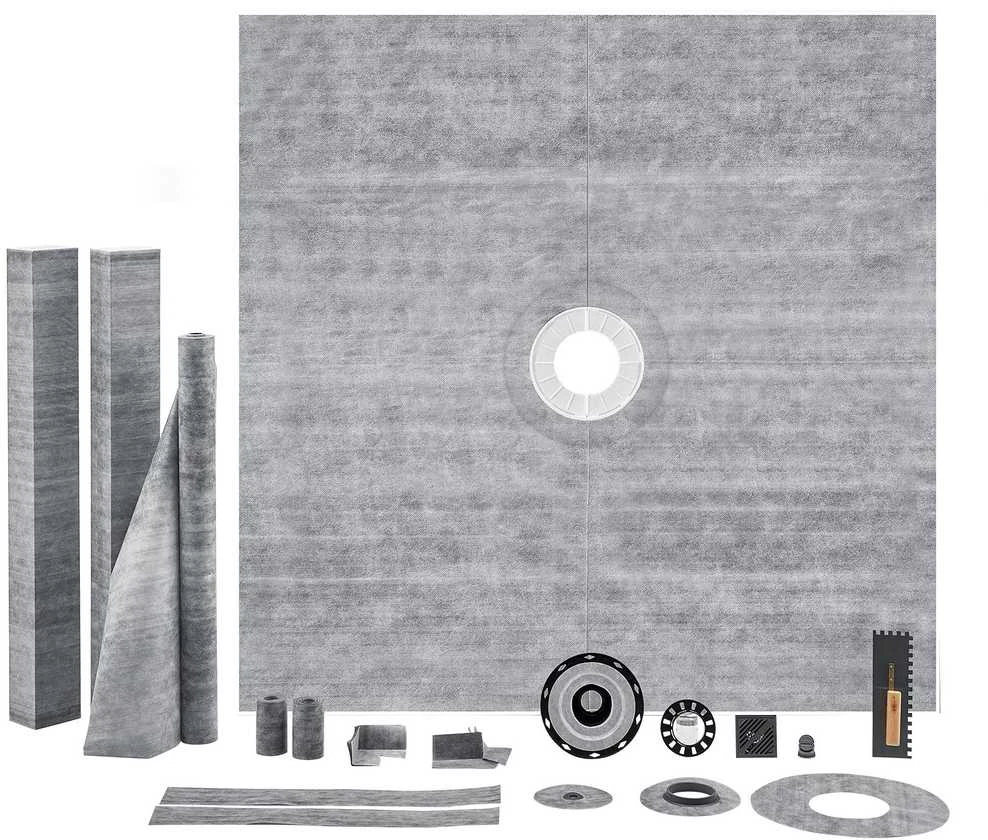Dušo padėklo komplektas 1828x1828 mm, centrinis flanšas, nerūdijančio plieno grotelės, hidroizoliacinė membrana, vonios renovacijai, dušo bortelis, EPS pagrindas, dušo kabinos komplektas,