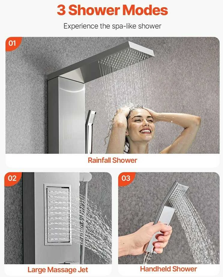 Dušo panelė, nerūdijančio plieno, lietaus dušas, masažinės srovės, reguliuojama, sieninė