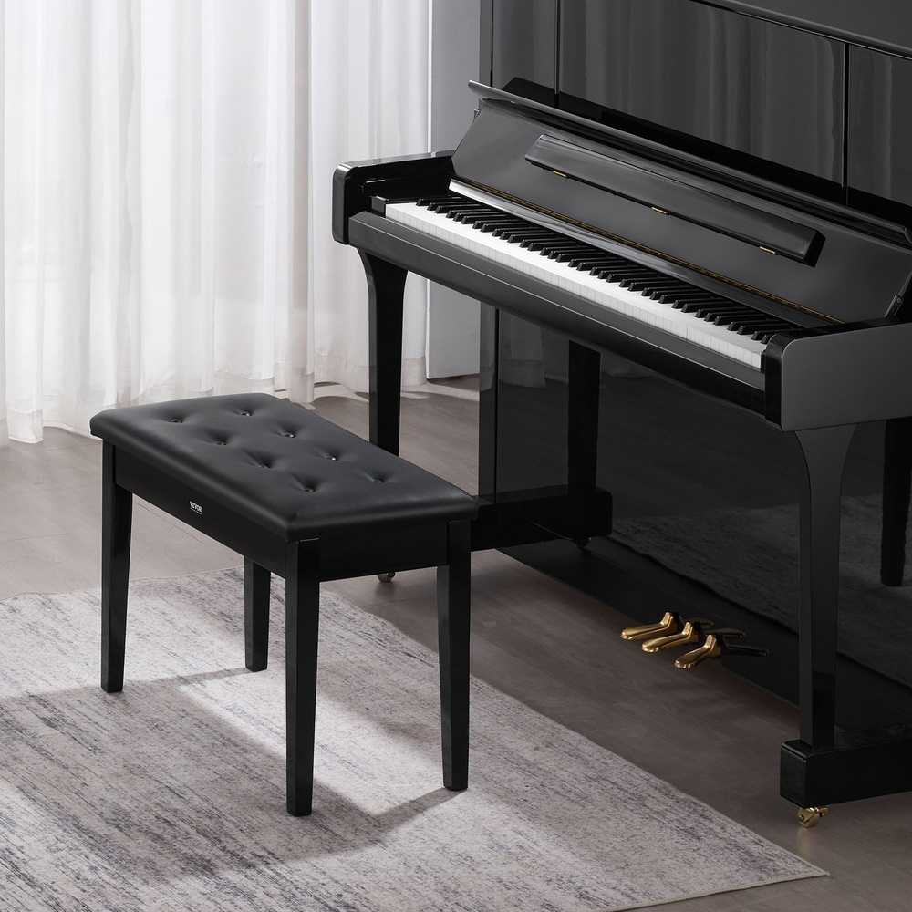 Dviguba pianino kėdė su saugykla, paminkštinta pianino taburetė, medinis pianino suolas, dviejų asmenų klavišinių instrumentų suoliukas