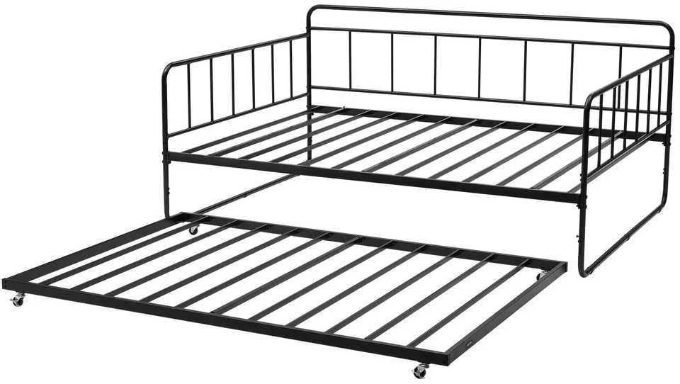 Dvigulė metalinė lova su ištraukiama dalimi, 2in1 daugiafunkcinė sofa lova, juoda, svečių lova