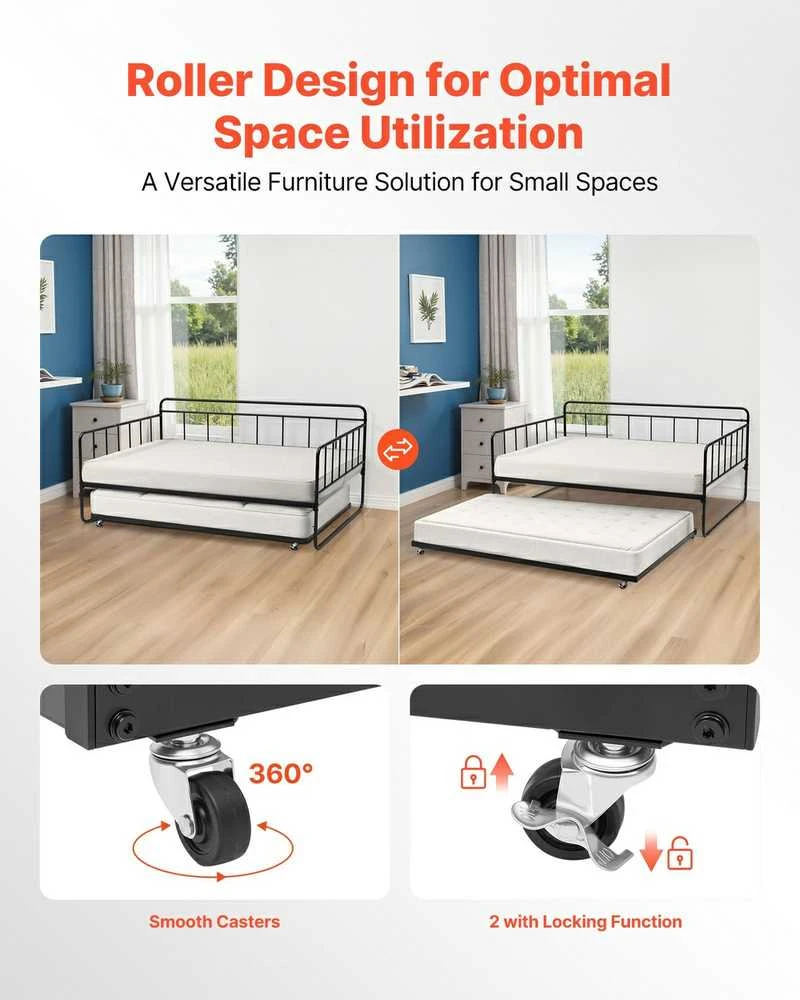 Dvigulė metalinė lova su ištraukiama dalimi, 2in1 daugiafunkcinė sofa lova, juoda, svečių lova