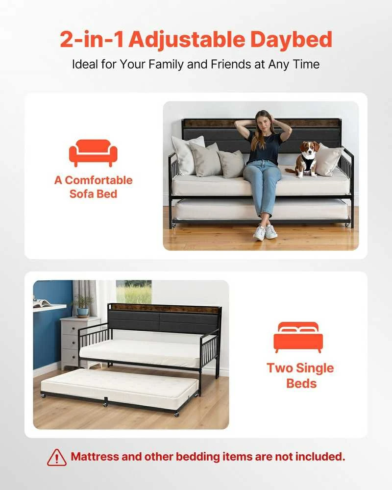 Dvigulė metalinė sofa-lova su ištraukiama lova, USB ir daiktadėže, juoda. Sofa lova, dvivietė lova, svečių lova