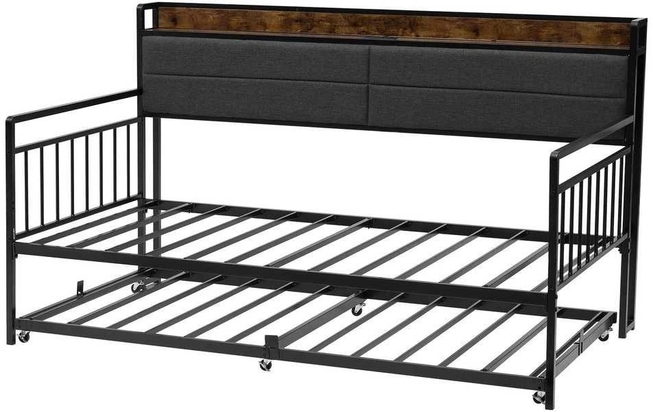 Dvigulė metalinė sofa-lova su ištraukiama lova, USB ir daiktadėže, juoda. Sofa lova, dvivietė lova, svečių lova