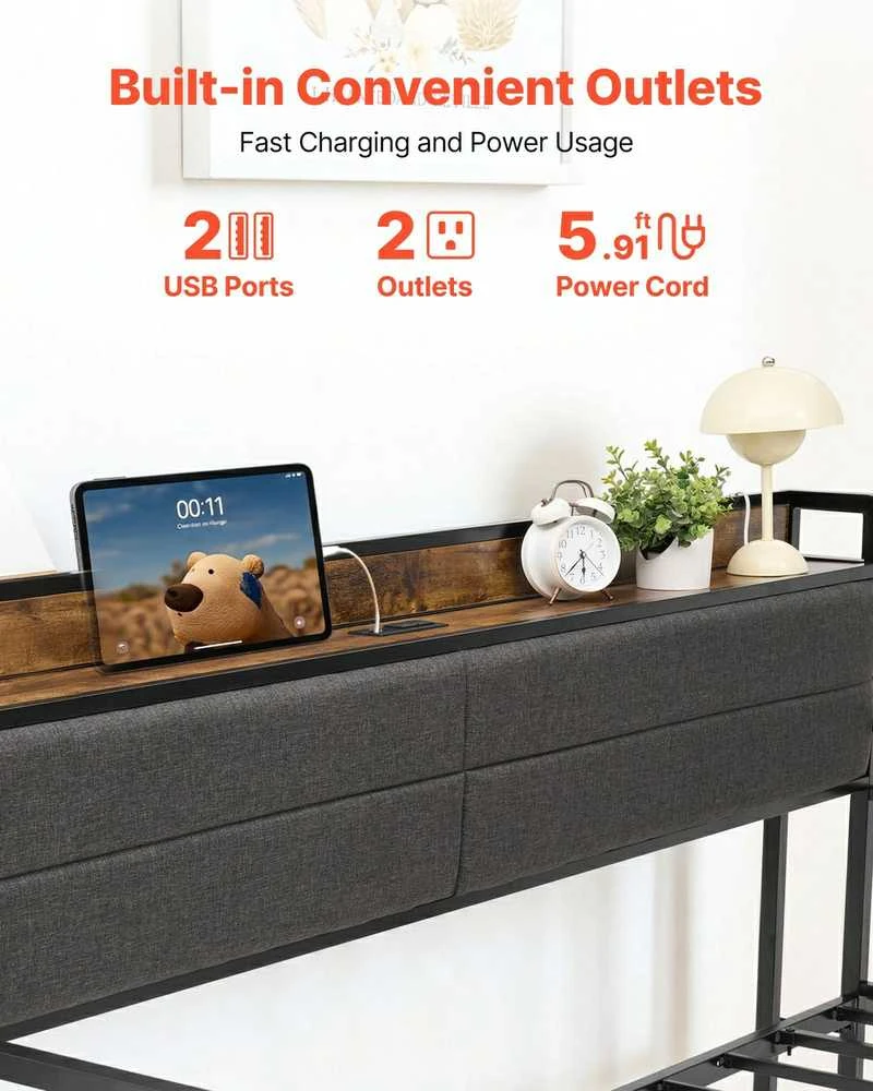 Dvigulė metalinė sofa-lova su ištraukiama lova, USB ir daiktadėže, juoda. Sofa lova, dvivietė lova, svečių lova