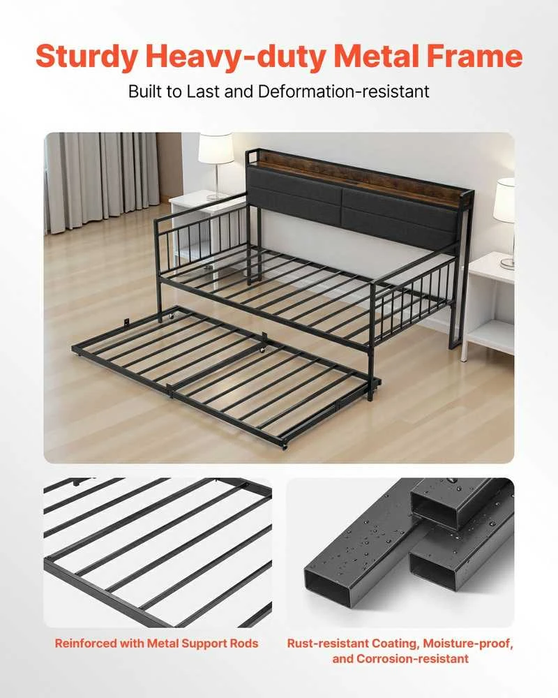 Dvigulė metalinė sofa-lova su ištraukiama lova, USB ir daiktadėže, juoda. Sofa lova, dvivietė lova, svečių lova