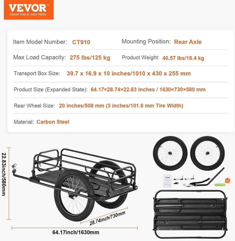 Dviračio krovininis priekaba, sulankstoma, 125 kg, 20 colių ratai, universalus kablys, stovyklavimui, pirkiniams, kelionėms, vežimėlis, bagažinė
