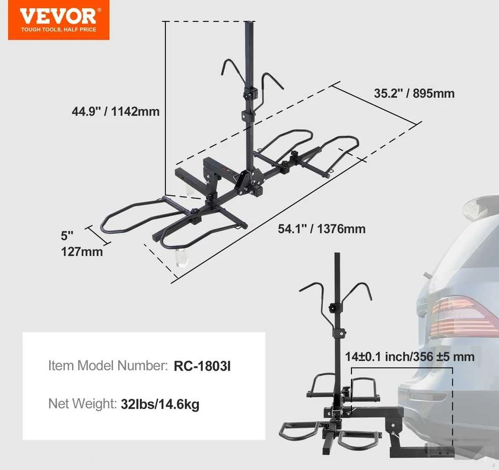 Dviračių laikiklis ant kablio 2 dviračiams, platforma, atlenkiamas, 72.5kg, automobiliui, visureigiui, kemperiui, pikapui
