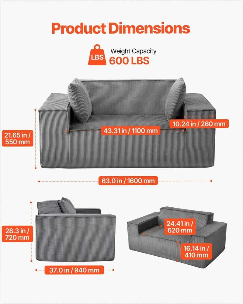 Dvivietė sofa, velvetinė sofa su kišeninėmis spyruoklėmis, nereikia surinkti, pilka maža sofa svetainei, miegamajam, biurui, minkštas baldas