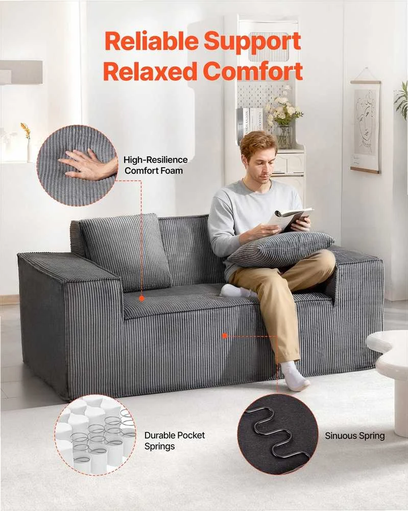 Dvivietė sofa, velvetinė sofa su kišeninėmis spyruoklėmis, nereikia surinkti, pilka maža sofa svetainei, miegamajam, biurui, minkštas baldas