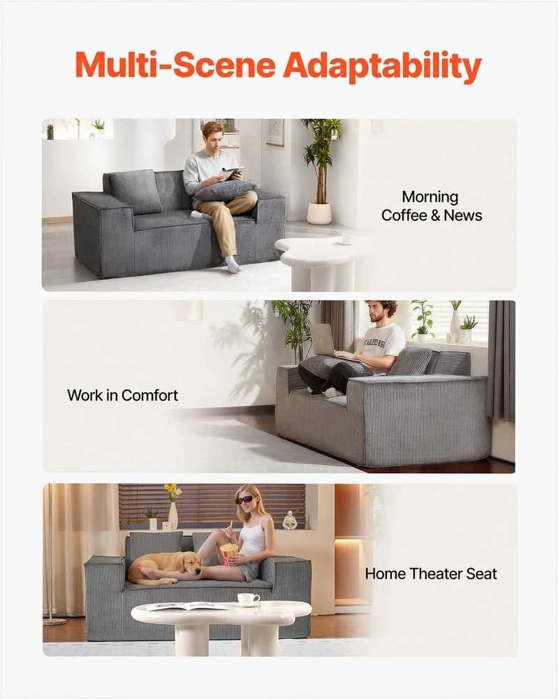Dvivietė sofa, velvetinė sofa su kišeninėmis spyruoklėmis, nereikia surinkti, pilka maža sofa svetainei, miegamajam, biurui, minkštas baldas