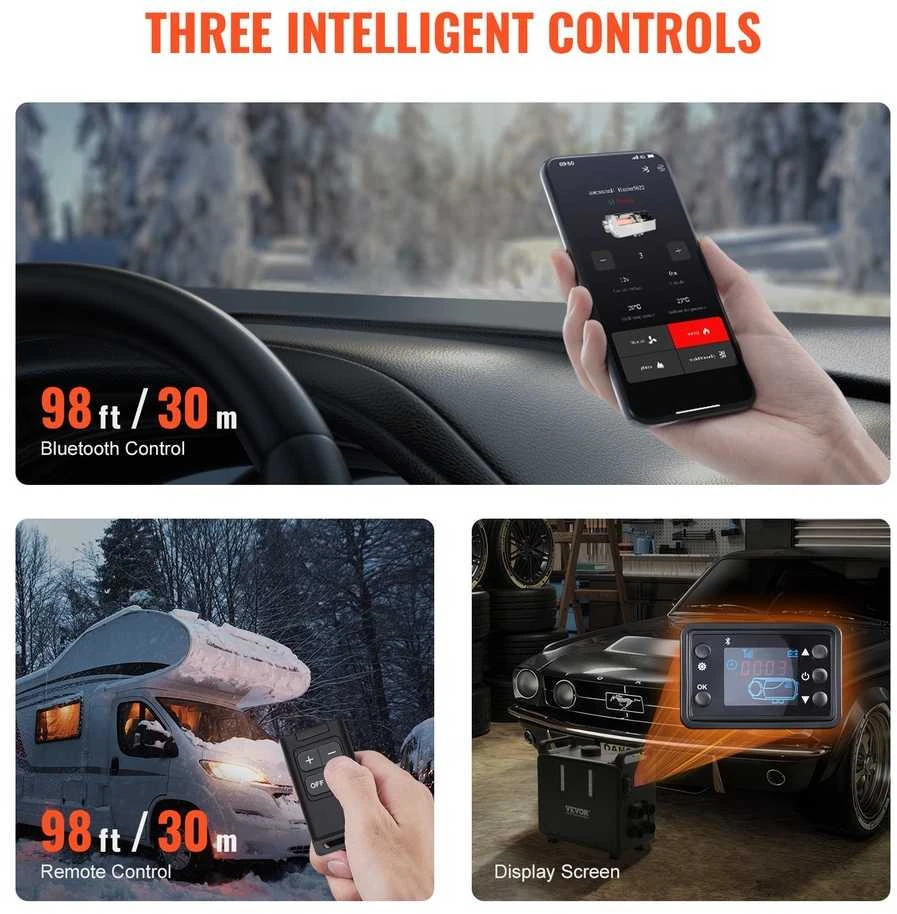 Dyzelinis Šildytuvas 12V/24V 8kW, Bluetooth, RV, Garažui, Kempingui, su CO Jutikliu, Automobiliams, Nameliams