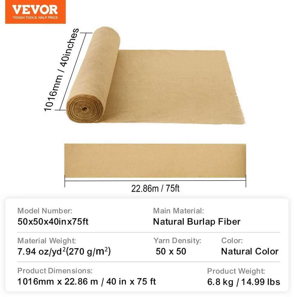 VEVOR Džiuto medžiagos rulonas, 101 cm x 22.86 m