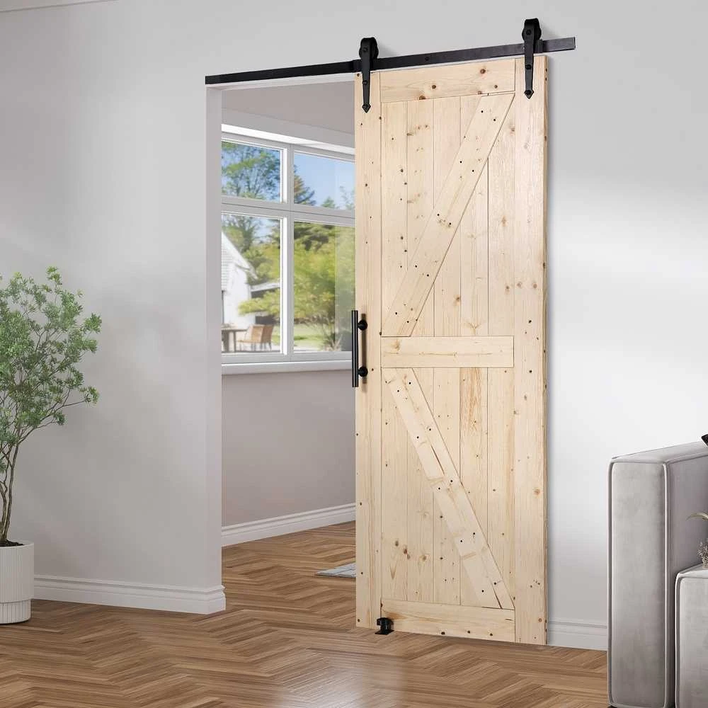 Eglės medienos durų komplektas, stumdomų durų furnitūra, vidaus durys miegamajam, svetainei, 762 x 2133.6 mm, kaimiško stiliaus durys
