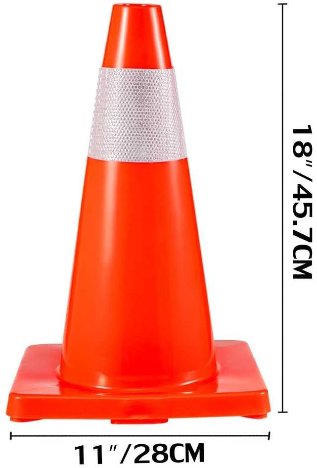 Eismo kūgiai 20 vnt., 45.7 cm, PVC pagrindas, oranžiniai, su atšvaitais, statyboms, aikštelėms, keliams, automobilių statymui