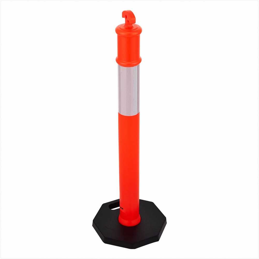 Eismo ribojimo stulpeliai, 1140 mm aukščio, su sunkiu pagrindu ir atspindinčiomis juostomis, statybvietėms, automobilių stovėjimo aikštelėms, minios kontrolei, raudoni saugos kūgiai, kelio stulpeliai