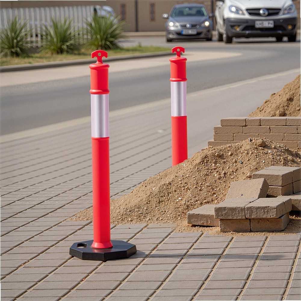 Eismo ribojimo stulpeliai, 1140 mm aukščio, su sunkiu pagrindu ir atspindinčiomis juostomis, statybvietėms, automobilių stovėjimo aikštelėms, minios kontrolei, raudoni saugos kūgiai, kelio stulpeliai