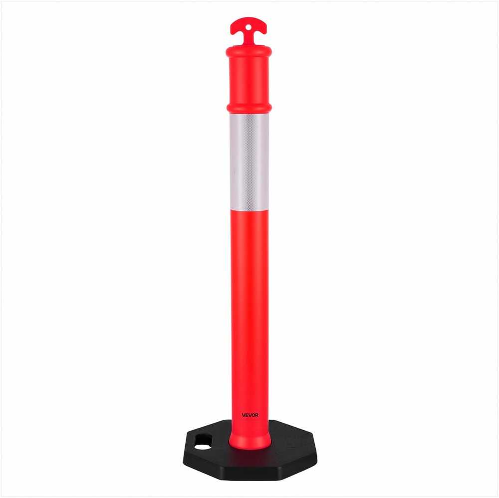 Eismo ribojimo stulpeliai, 1140 mm aukščio, su sunkiu pagrindu ir atspindinčiomis juostomis, statybvietėms, automobilių stovėjimo aikštelėms, minios kontrolei, raudoni saugos kūgiai, kelio stulpeliai