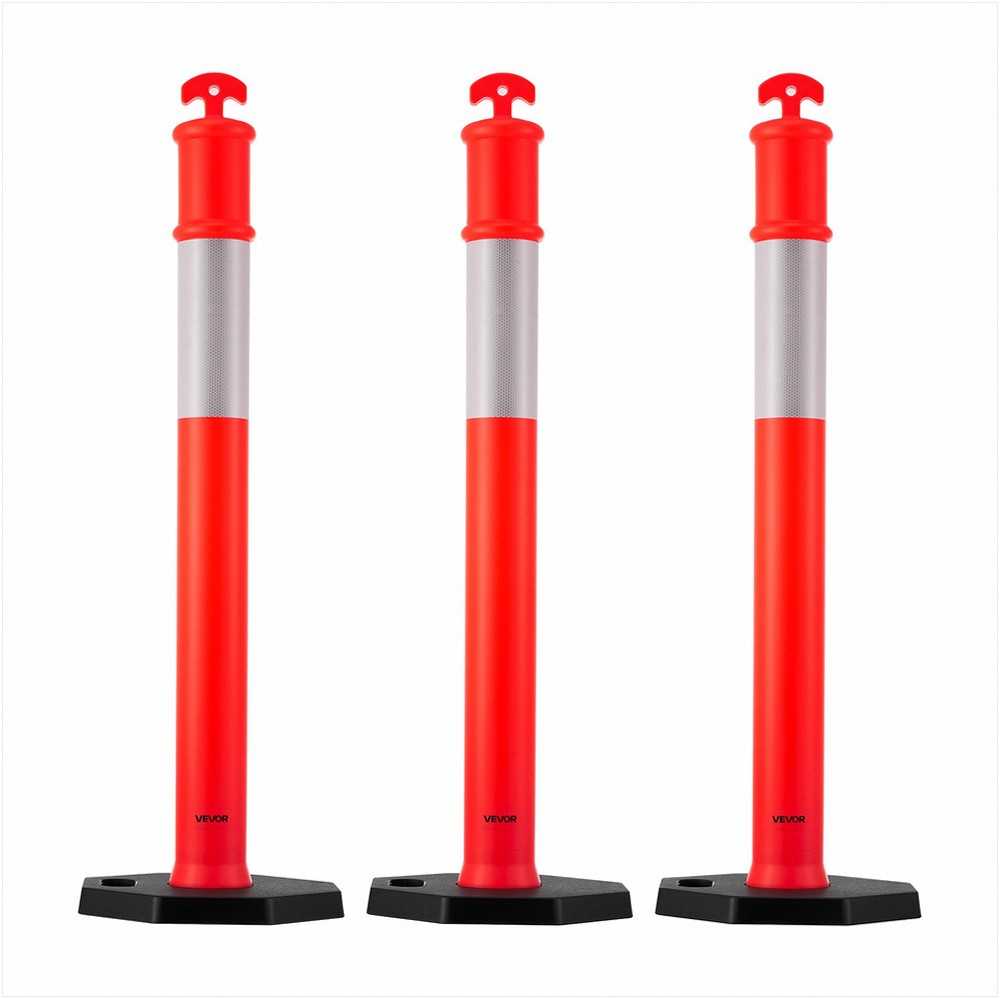 Eismo ribojimo stulpeliai, 1140 mm aukščio, su sunkiu pagrindu ir atspindinčiomis juostomis, statybvietėms, automobilių stovėjimo aikštelėms, minios kontrolei, raudoni saugos kūgiai, kelio stulpeliai