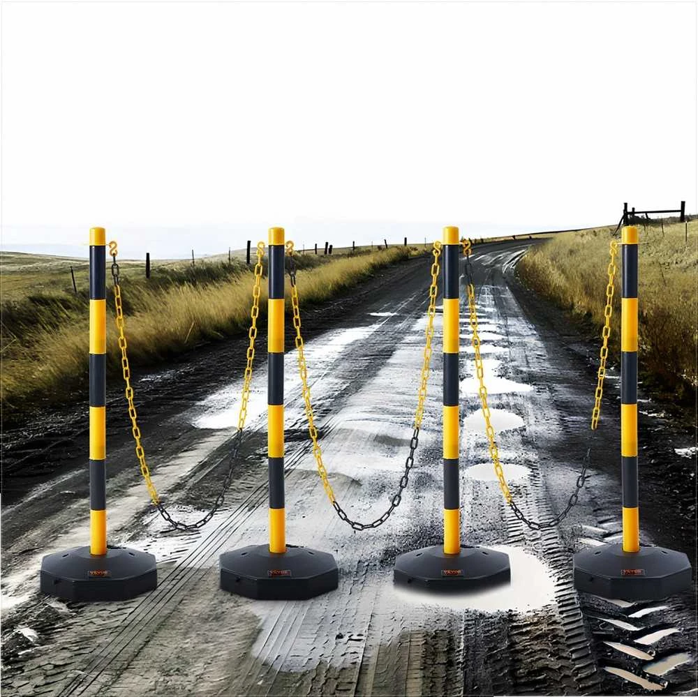 Eismo ribojimo stulpeliai, reguliuojamas aukštis su užpildomu pagrindu eismo kontrolei, saugos barjerų stulpeliai, automobilių stovėjimo aikštelėms ir statyboms, geltoni ir juodi, įspėjamieji kūgiai