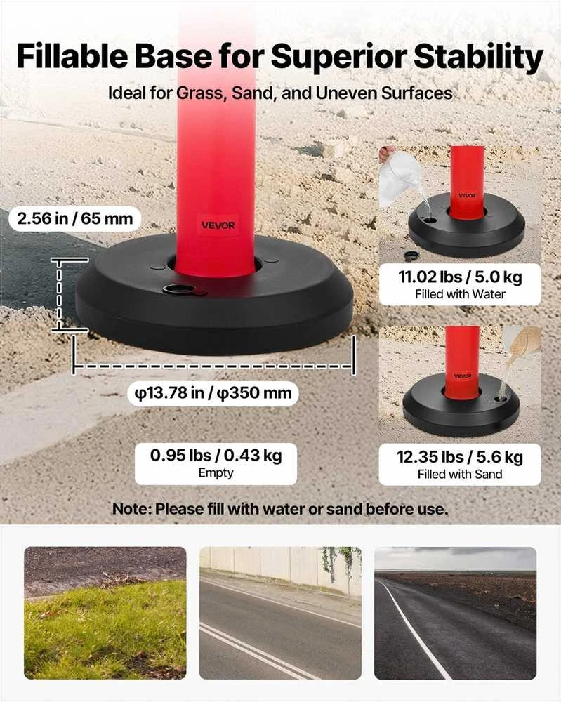 Eismo ribojimo stulpeliai, tvirti su užpildomu pagrindu ir 360° atspindinčiomis juostomis, statybvietėms ir automobilių aikštelėms, raudoni saugos stulpeliai, kelio ženklai