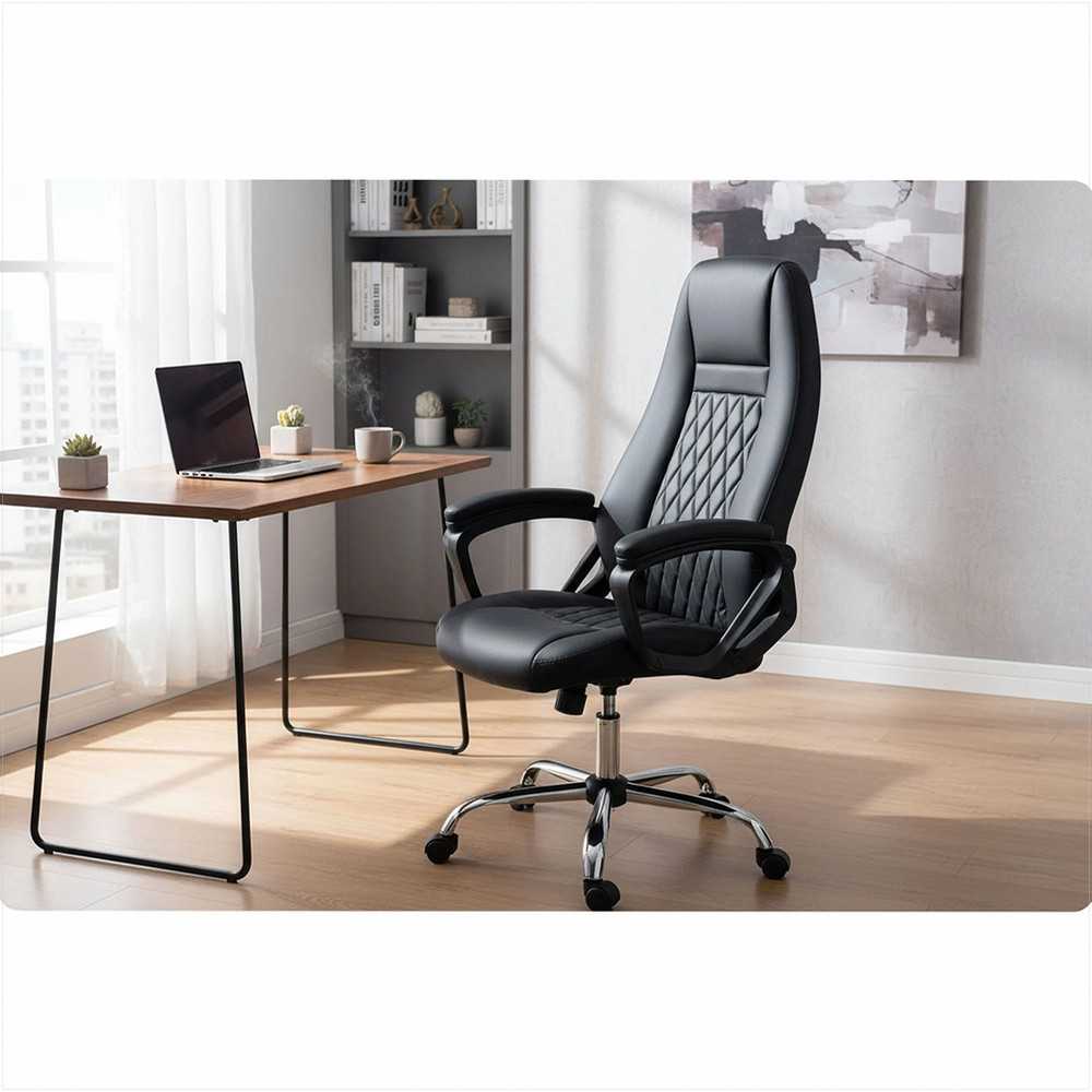 Ekologinės odos biuro kėdė, reguliuojamo aukščio, ergonomiško dizaino, chromuotas pagrindas, patogus sėdėjimas