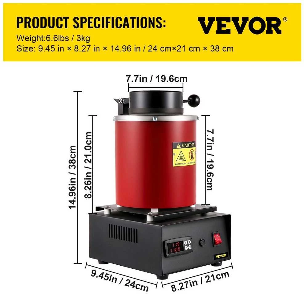 Elektrinė aukso lydymo krosnis, 1350W, 1150°C, su tiglio rinkiniu auksui, sidabrui, variui, aliuminiui, profesionali metalo lydymo krosnis