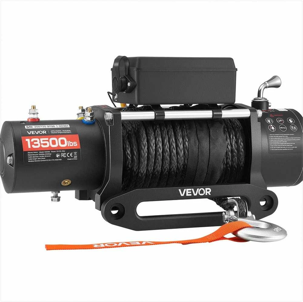 VEVOR Elektrinė gervė visureigiams, 6100 kg, 12V DC, sintetinis lynas, belaidis valdymas, vandeniui atspari gervė džipams, priekaboms ir valtims, galingas keltuvas