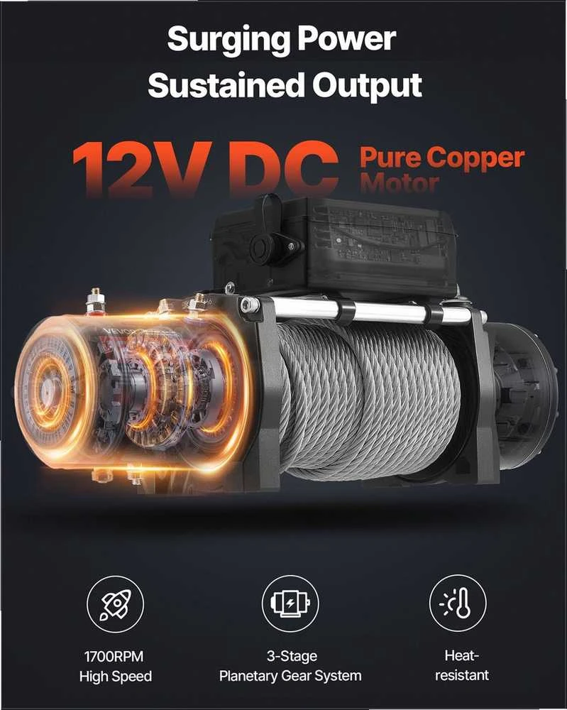 Elektrinė gervė visureigiams, džipams, priekaboms ir valtims, 5400 kg keliamoji galia, 12V DC, belaidis ir laidinis valdymas, IP55 atsparumas, plieno lynas, galinga gervė automobiliams