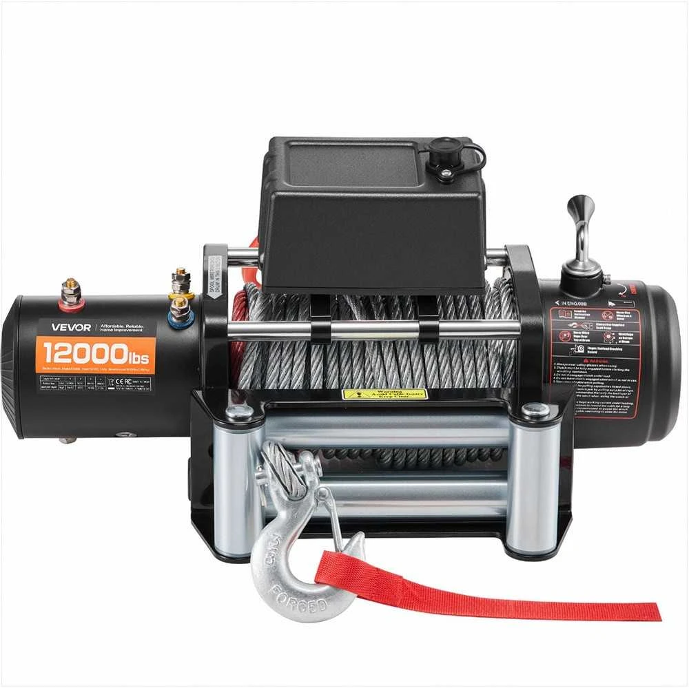 Elektrinė gervė visureigiams, džipams, priekaboms ir valtims vilkti, 5400 kg keliamoji galia, 12V DC su plieniniu lynu, belaidis ir laidinis nuotolinio valdymo pultas, bekelės gervė