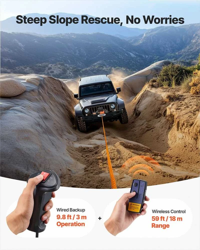 Elektrinė gervė visureigiams, SUV, džipams, priekaboms ir valtims, 5400 kg apkrova, 12V DC sunkvežimių gervė, sintetinė virvė, belaidis nuotolinio valdymo pultas, bekelės gervė, tempimo įranga