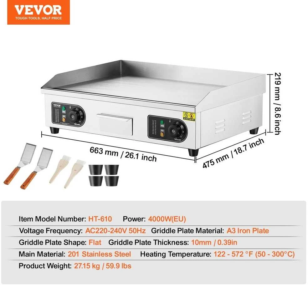 VEVOR Elektrinė kepimo plokštė, reguliuojama temp., nerūd. plienas. Profesionalus grilis, stalviršio keptuvė