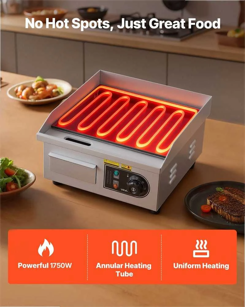 Elektrinė kepimo plokštuma, nerūdijančio plieno stalviršis, reguliuojama temperatūra 50-300°C, 2000W, plokščias grilis su mentelėmis ir šepečiais, profesionali virtuvės įranga