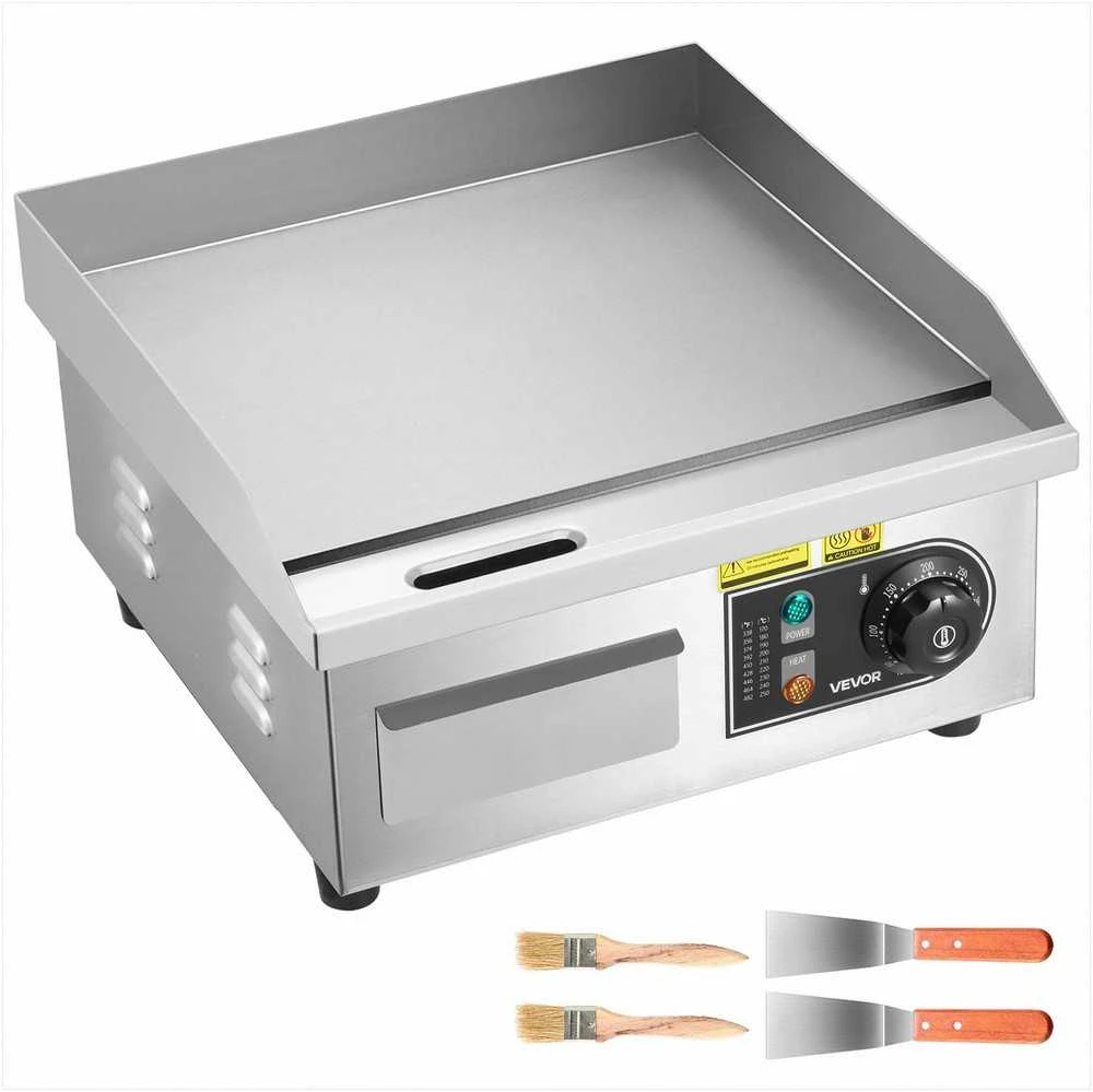 Elektrinė kepimo plokštuma, nerūdijančio plieno stalviršis, reguliuojama temperatūra 50-300°C, 2000W, plokščias grilis su mentelėmis ir šepečiais, profesionali virtuvės įranga