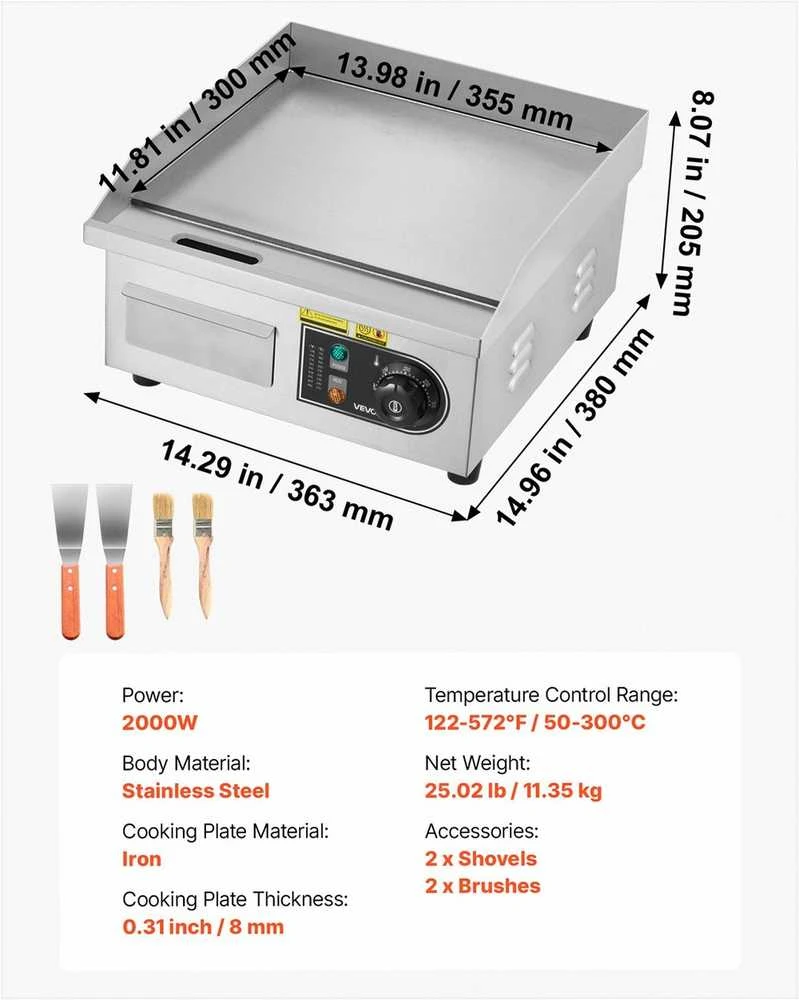 Elektrinė kepimo plokštuma, nerūdijančio plieno stalviršis, reguliuojama temperatūra 50-300°C, 2000W, plokščias grilis su mentelėmis ir šepečiais, profesionali virtuvės įranga