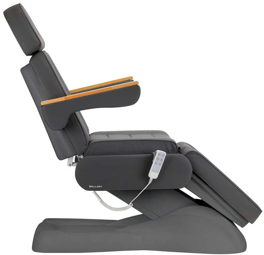 Elektrinė kosmetologinė kėdė, 3 pavaros, pilki apmušalai, reguliuojamas aukštis ir atlošas, grožio procedūroms, veido ir kūno procedūroms