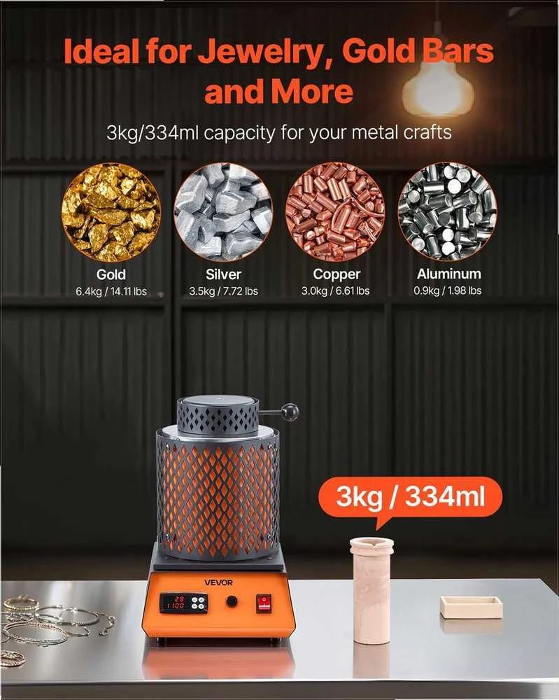 Elektrinė krosnelė VEVOR Elektrinė lydymo krosnelė, 1350W, 3kg keraminis tiglis