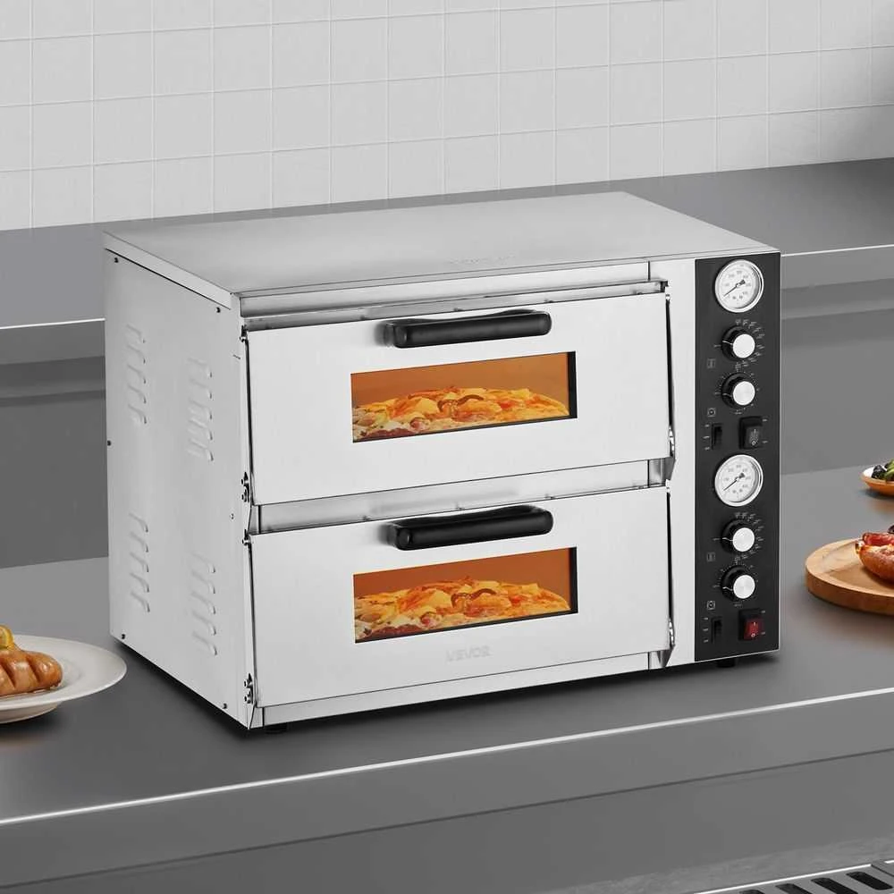 Elektrinė krosnelė Elektrinė picos krosnelė, dviejų aukštų komercinė stalviršio, 450℃ maks. temp., nepriklausomas valdymas, vidaus krosnelė namams ir restoranams