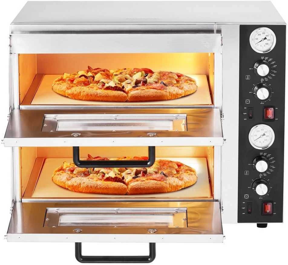 Elektrinė krosnelė Elektrinė picos krosnelė, dviejų aukštų komercinė stalviršio, 450℃ maks. temp., nepriklausomas valdymas, vidaus krosnelė namams ir restoranams