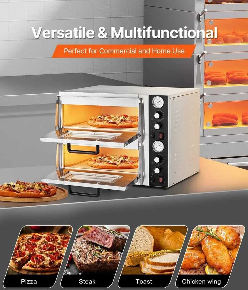 Elektrinė krosnelė Elektrinė picos krosnelė, dviejų aukštų komercinė stalviršio, 450℃ maks. temp., nepriklausomas valdymas, vidaus krosnelė namams ir restoranams