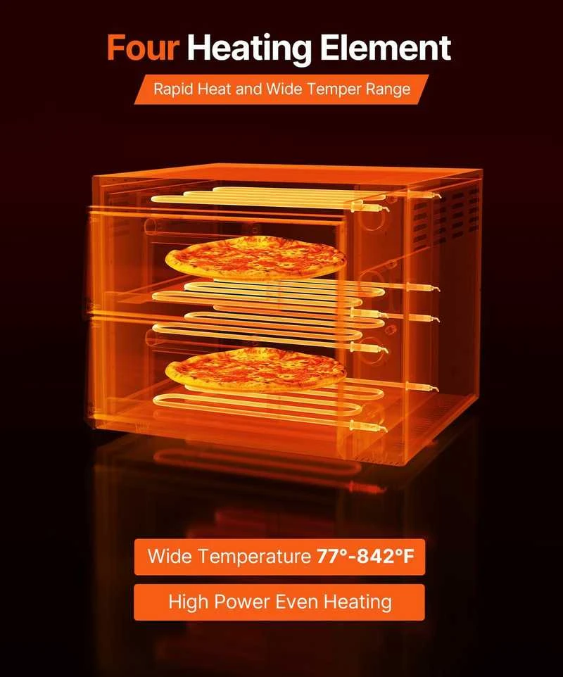 Elektrinė krosnelė Elektrinė picos krosnelė, dviejų aukštų komercinė stalviršio, 450℃ maks. temp., nepriklausomas valdymas, vidaus krosnelė namams ir restoranams