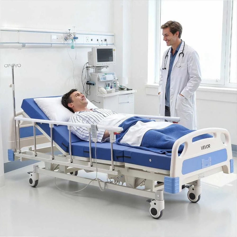 Elektrinė medicininė lova su čiužiniu, reguliuojamas aukštis, atlošas ir kojos, 127mm ratukai, 250kg apkrova, skirta ligoninės ir namų priežiūrai