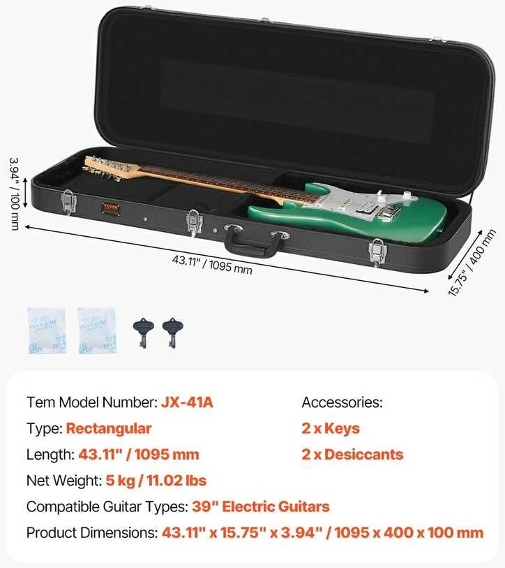 Elektrinės gitaros kietas dėklas 1095 mm, stačiakampis, vandeniui atsparus, juodas, gitaros dėklas, neperšlampamas futliaras, apsauginis dėklas gitarai