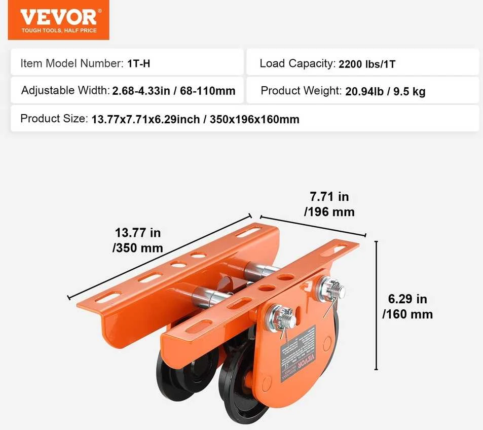 Elektrinio keltuvo rankinis vežimėlis, 1 tonos keliamoji galia, reguliuojamas sijos flanšo plotis, stumiamas sijos vežimėlis, dviejų ratų vežimėlis