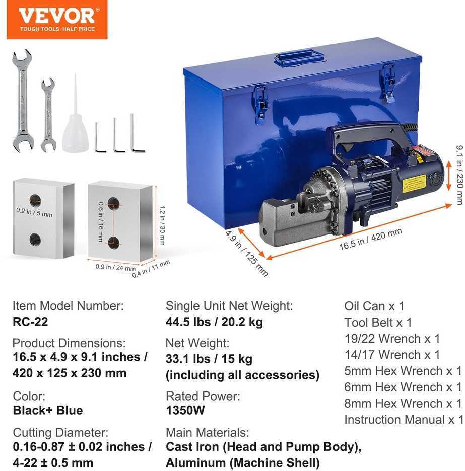 Elektrinis armatūros kirpėjas 1350W, hidraulinis, 4-22mm, nešiojamas, plienui, strypams karpyti