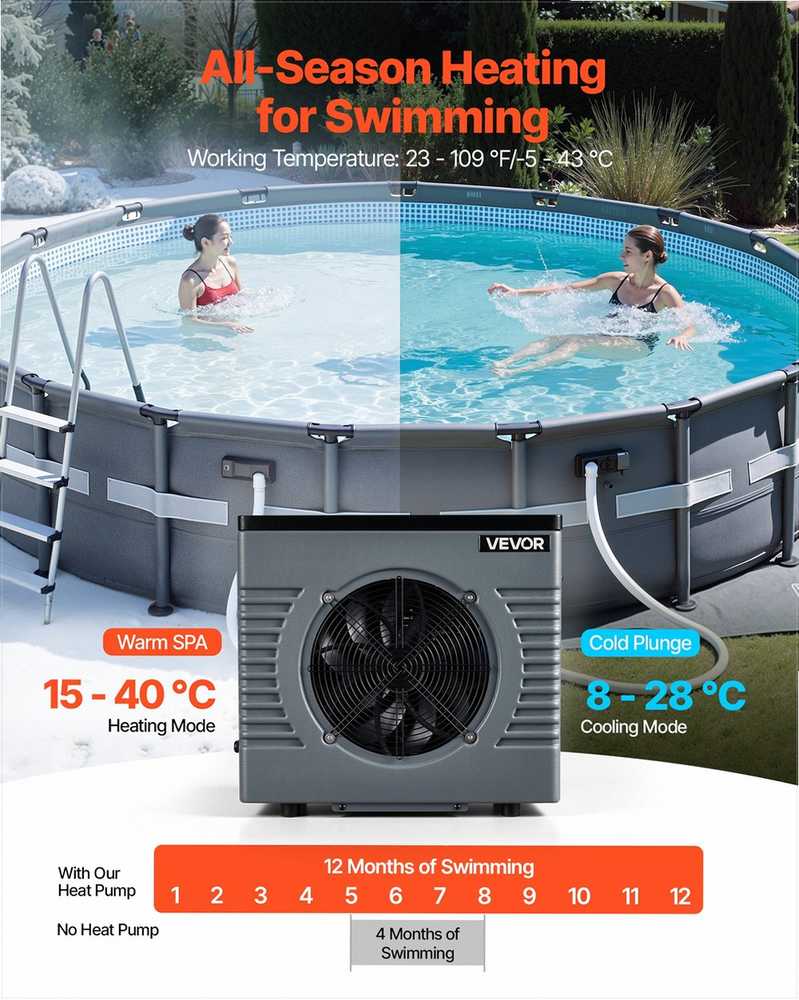 VEVOR 4160 W šilumos siurblys baseinui su elektriniu šildytuvu